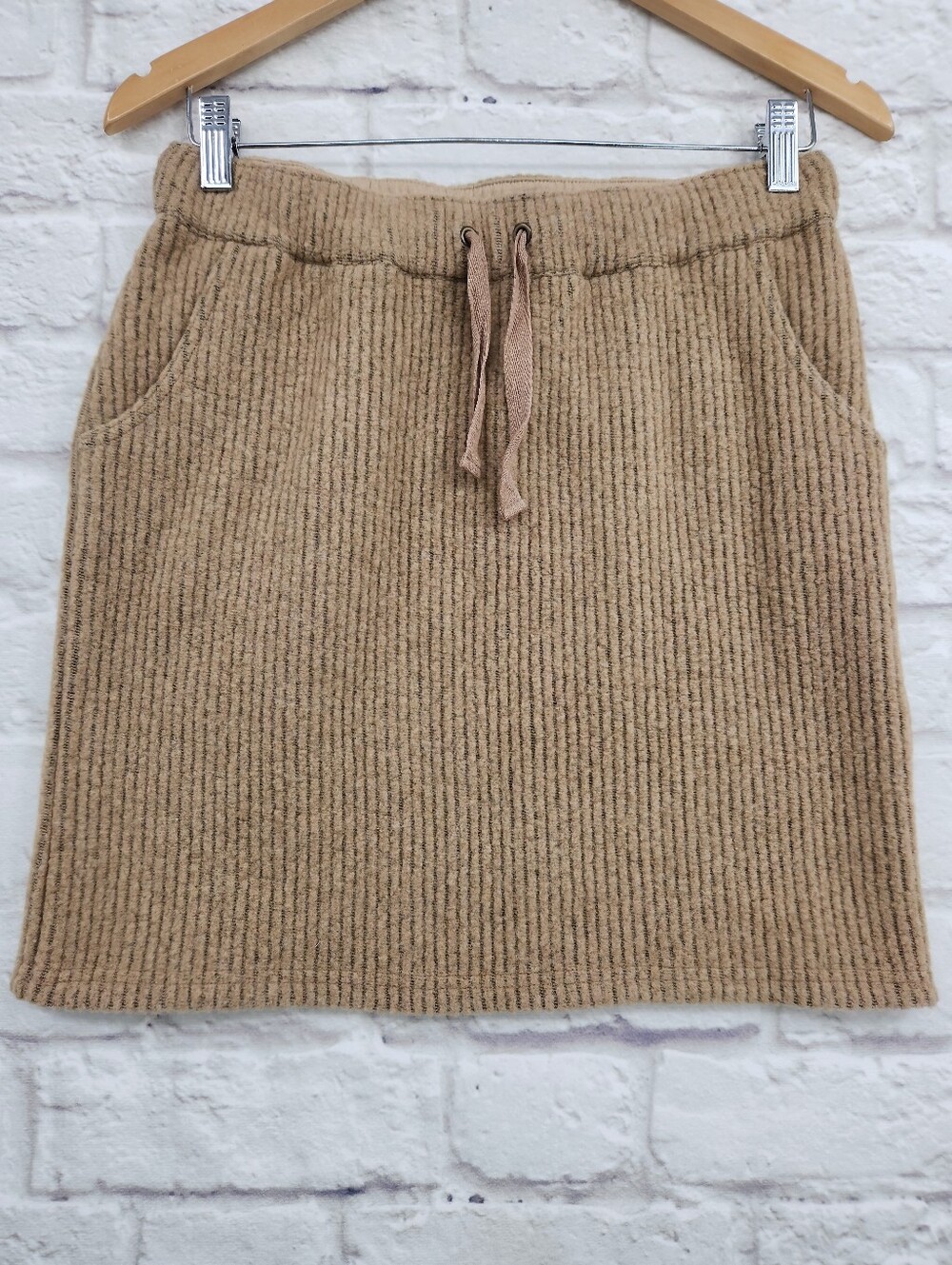 Toad&Co Wiggins Sweater Skirt XS Camel Wool Blend Rib Knit Drawstring Casual